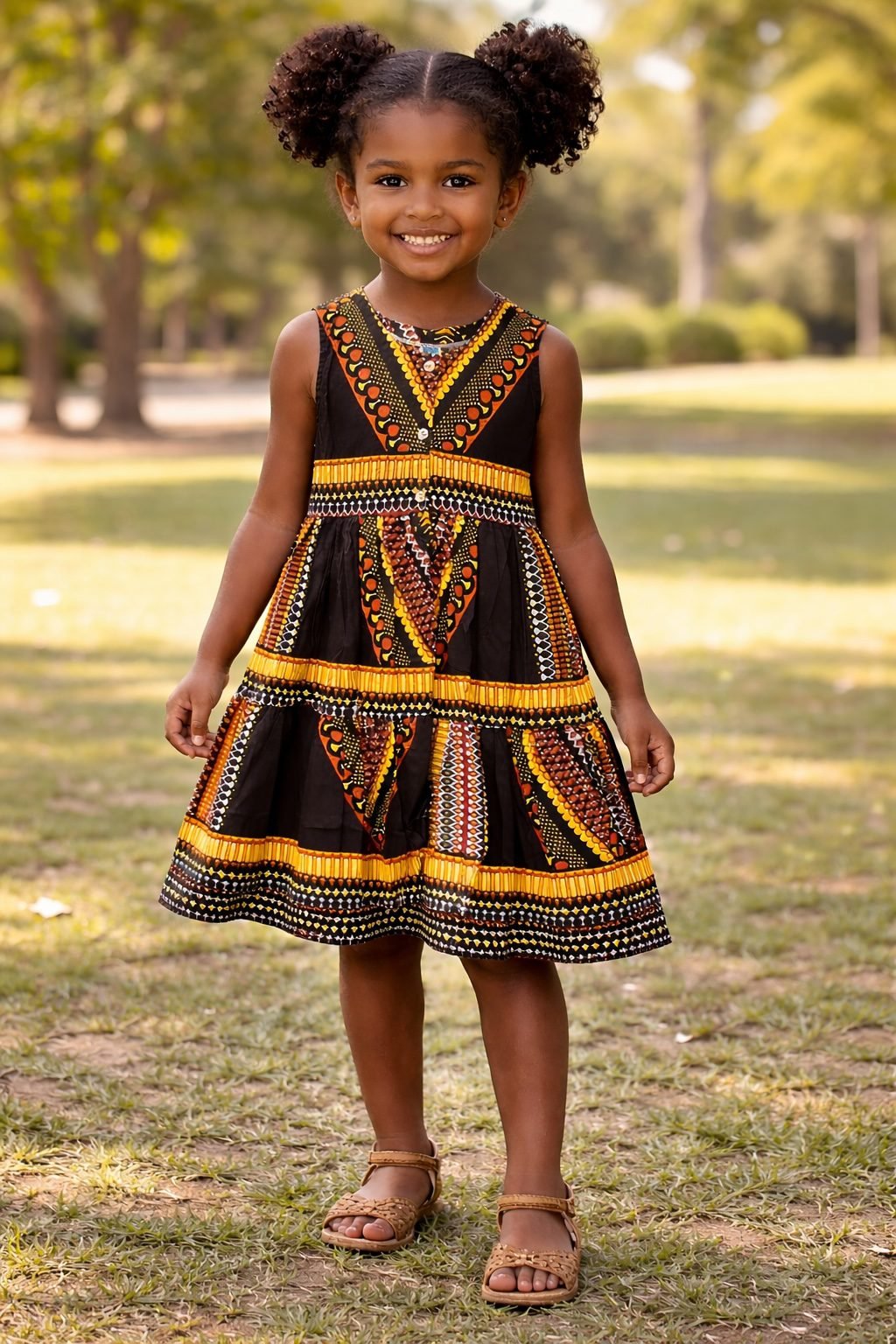 Girls Black and Gold Ankara Tiered Dress – African Print Party Dress