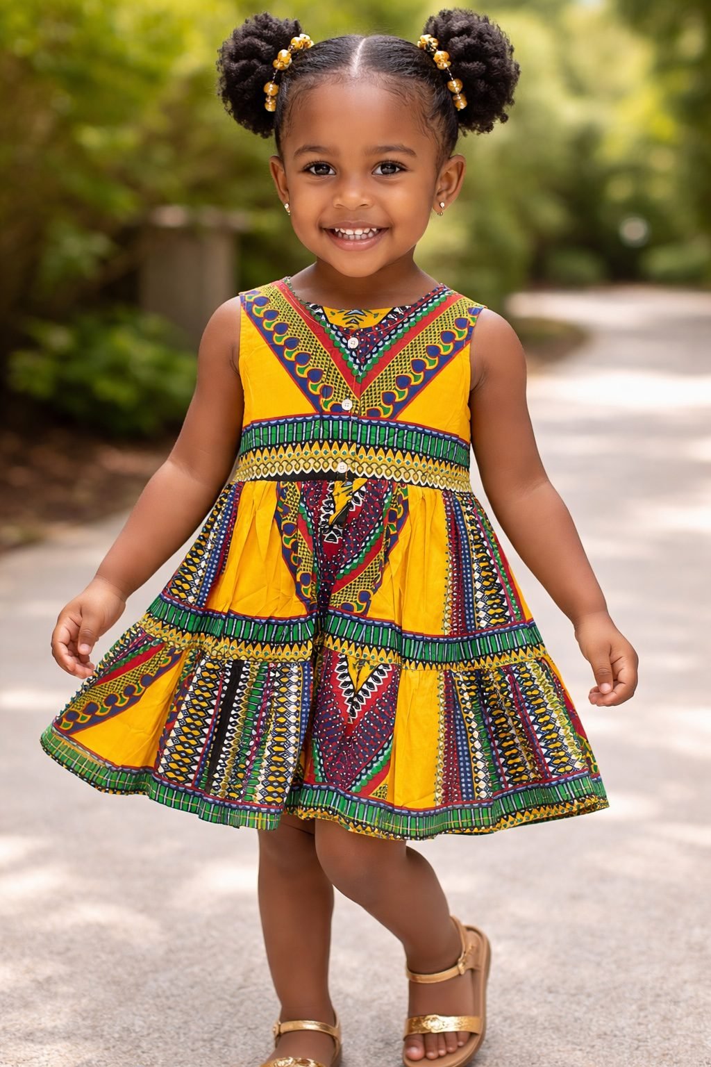 Girls Yellow Ankara Tiered Dress – African Print Summer Party Dress