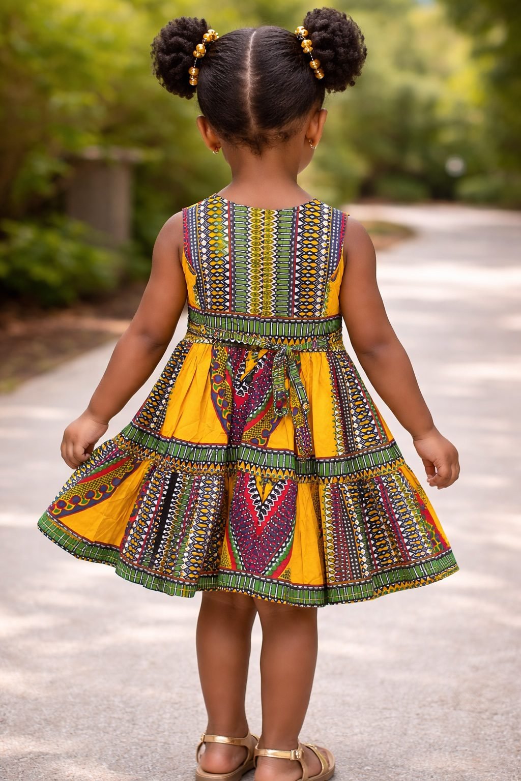 Girls Yellow Ankara Tiered Dress – African Print Summer Party Dress - Image 3