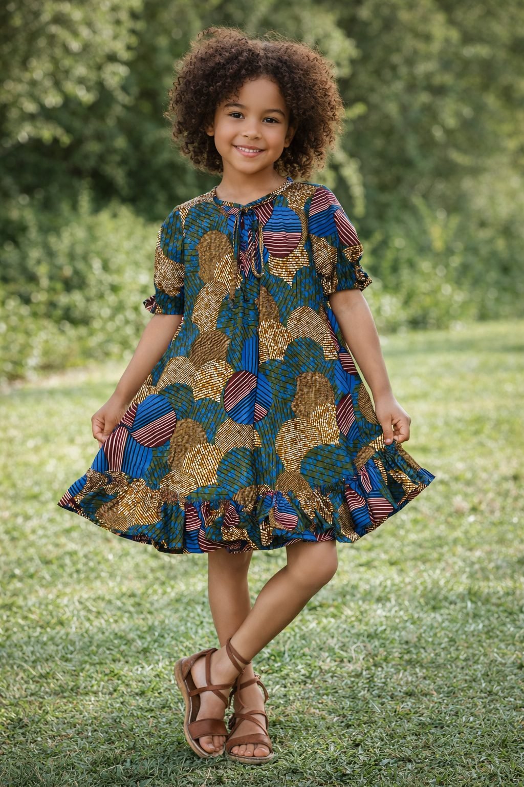 Girls Blue Multicolour African Print Swing Dress with Ruffle Hem