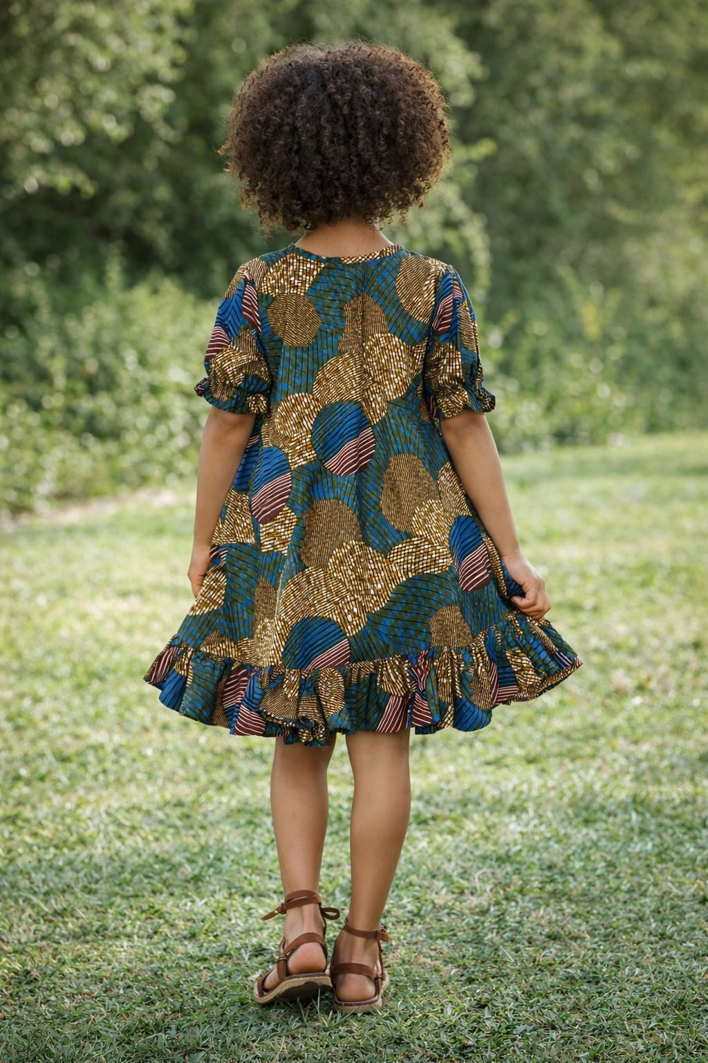 Girls Blue Multicolour African Print Swing Dress with Ruffle Hem - Image 3