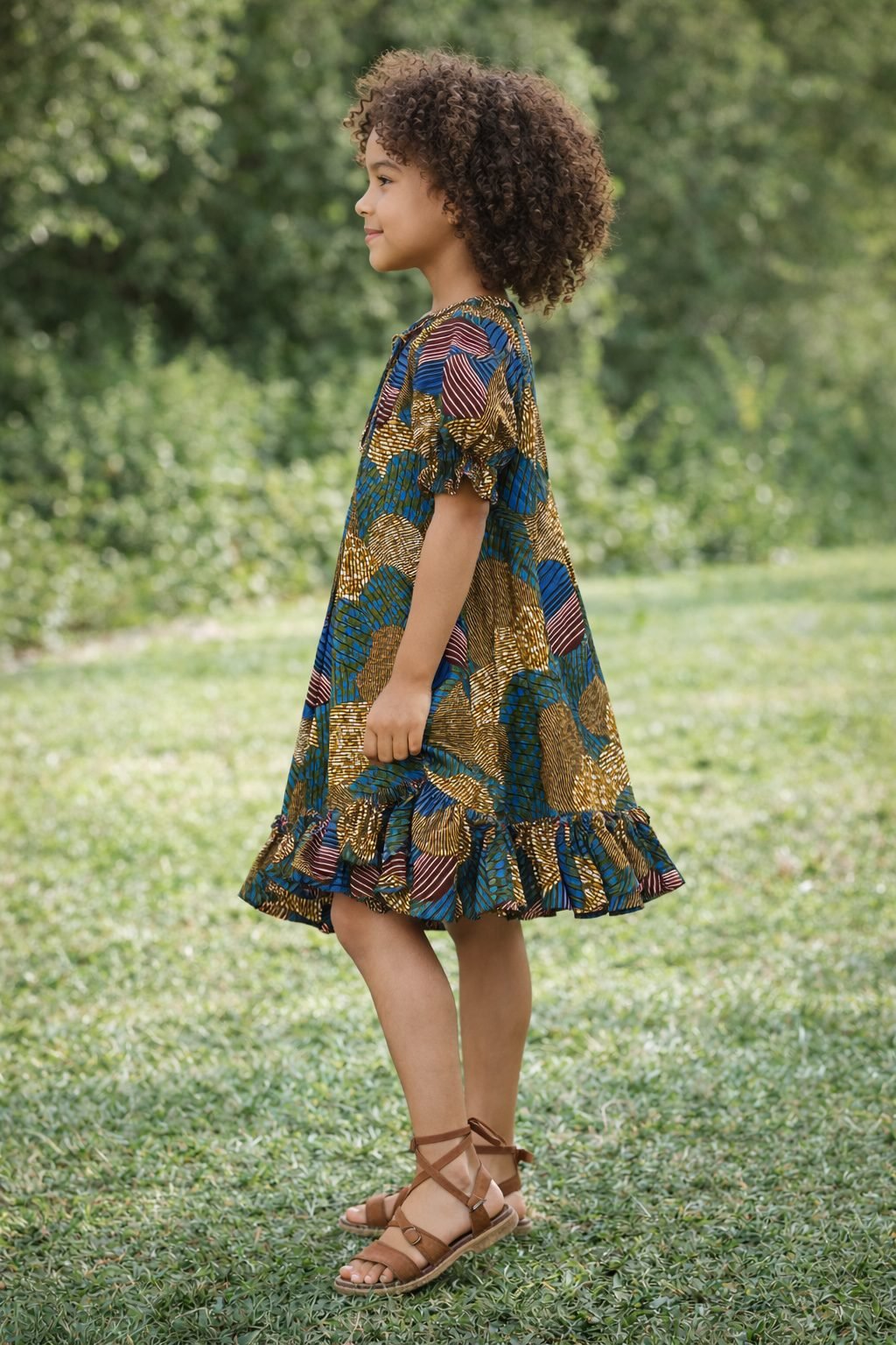Girls Blue Multicolour African Print Swing Dress with Ruffle Hem - Image 4