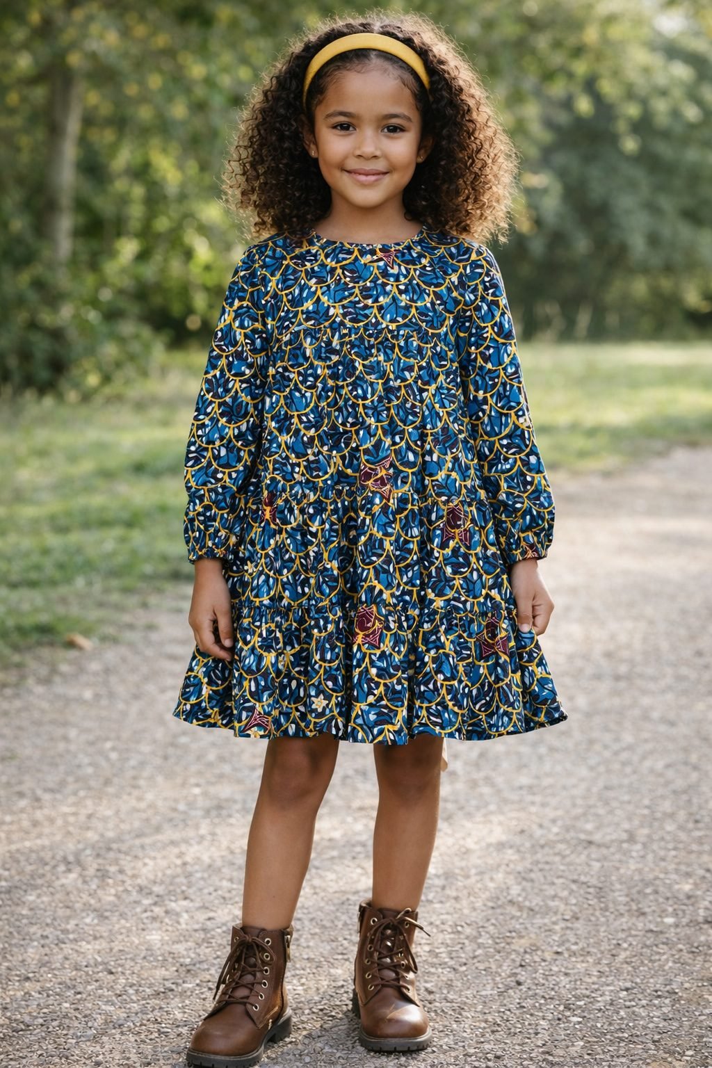 Girls Blue & Yellow African Print Long Sleeve Tiered Dress - Image 2