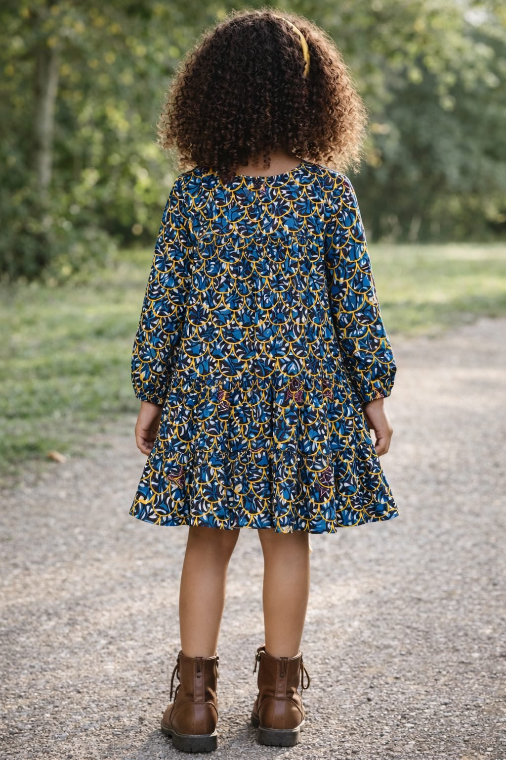 Girls Blue & Yellow African Print Long Sleeve Tiered Dress - Image 3