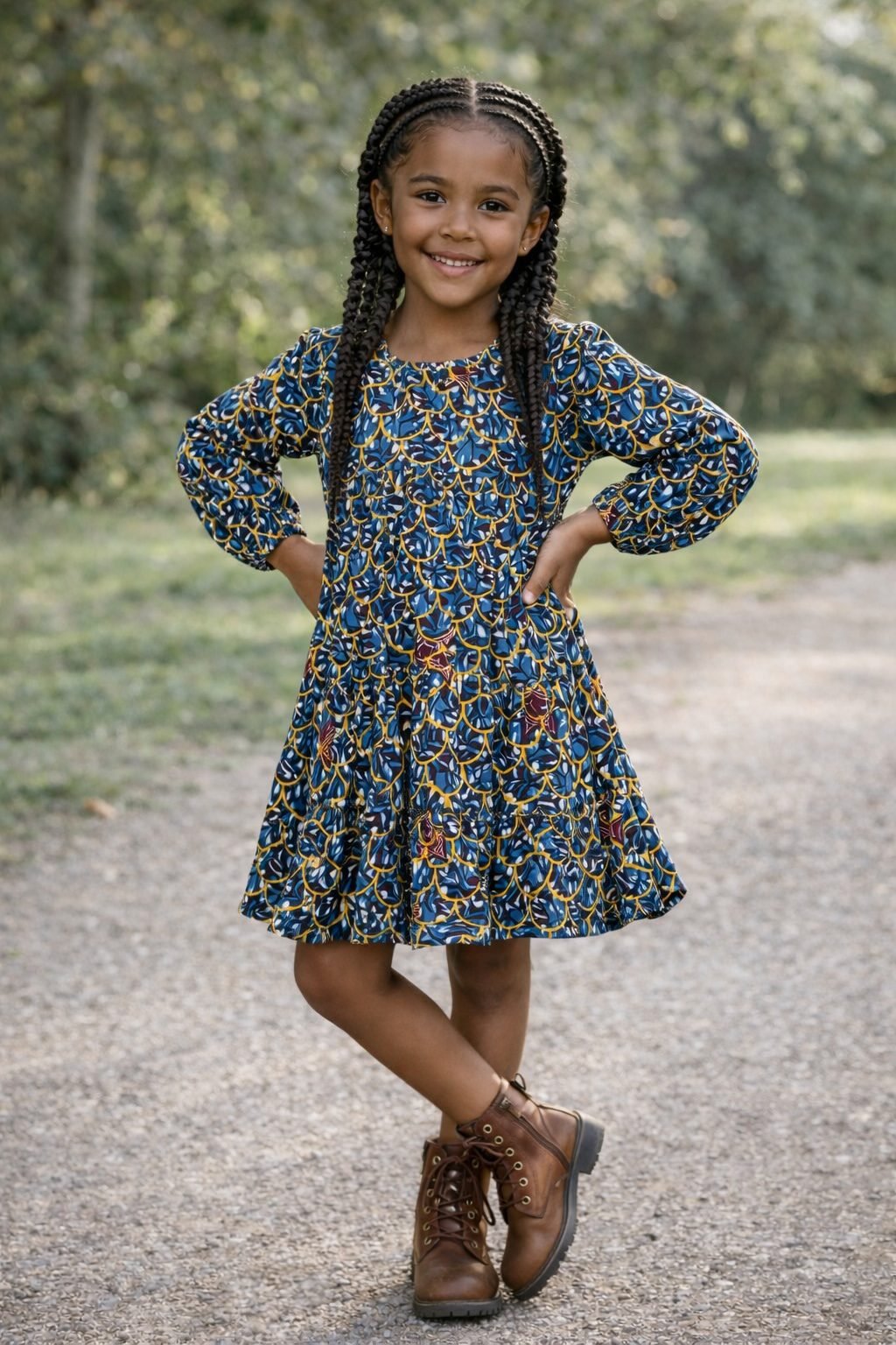 Girls Blue & Yellow African Print Long Sleeve Tiered Dress