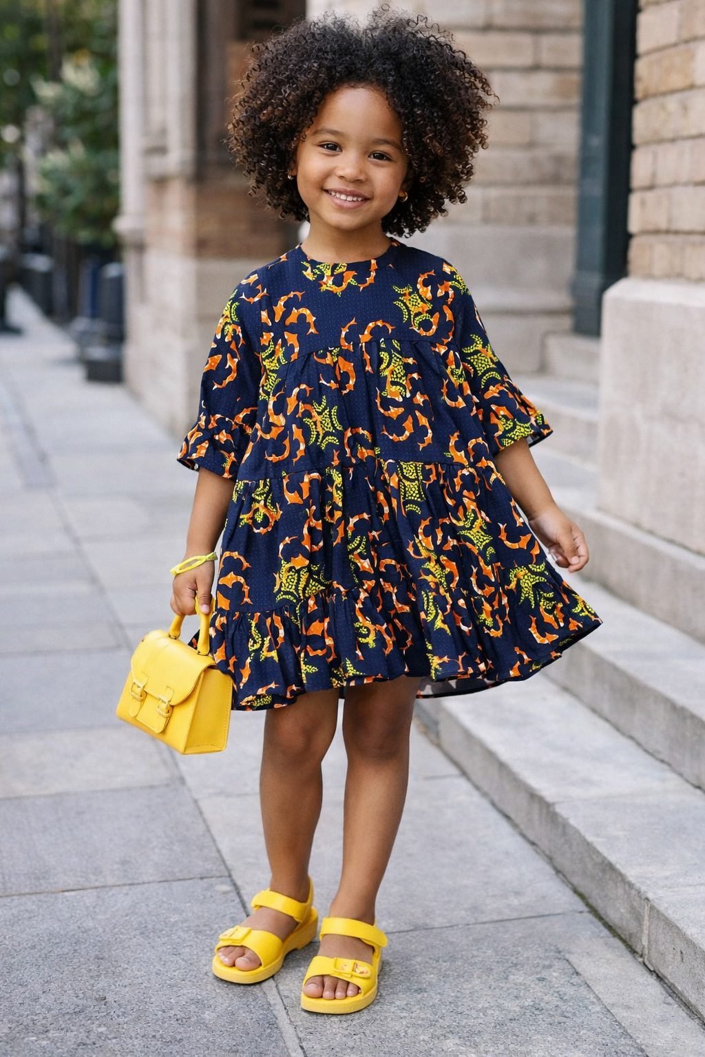 Girls Navy Multicolour African Print Tiered Smock Dress