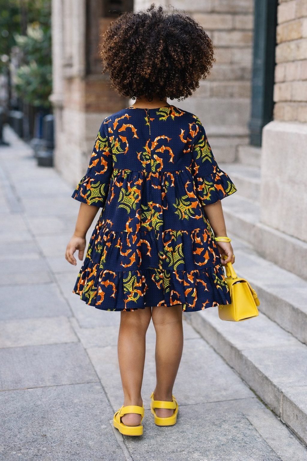 Girls Navy Multicolour African Print Tiered Smock Dress - Image 3