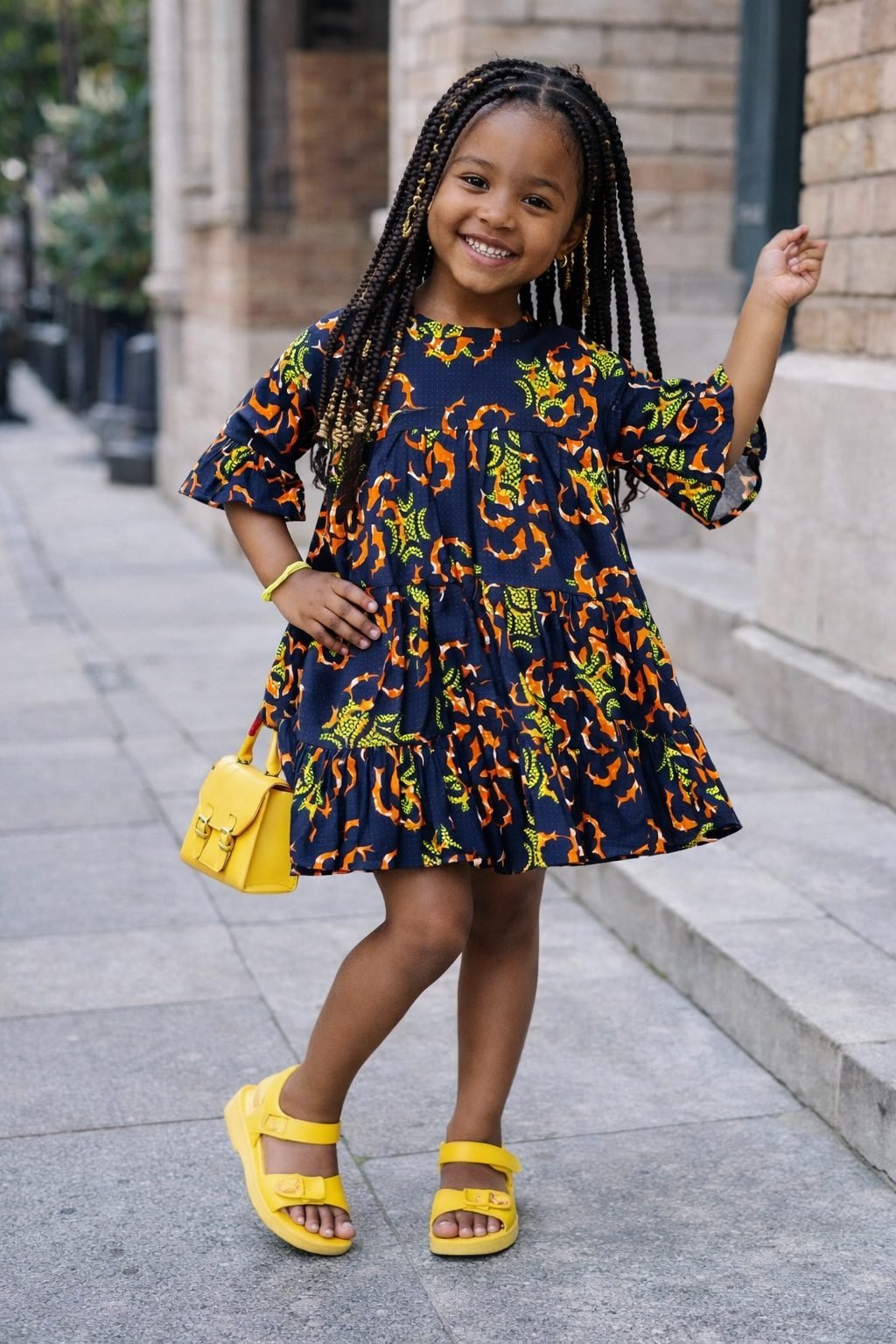 Girls Navy Multicolour African Print Tiered Smock Dress - Image 4