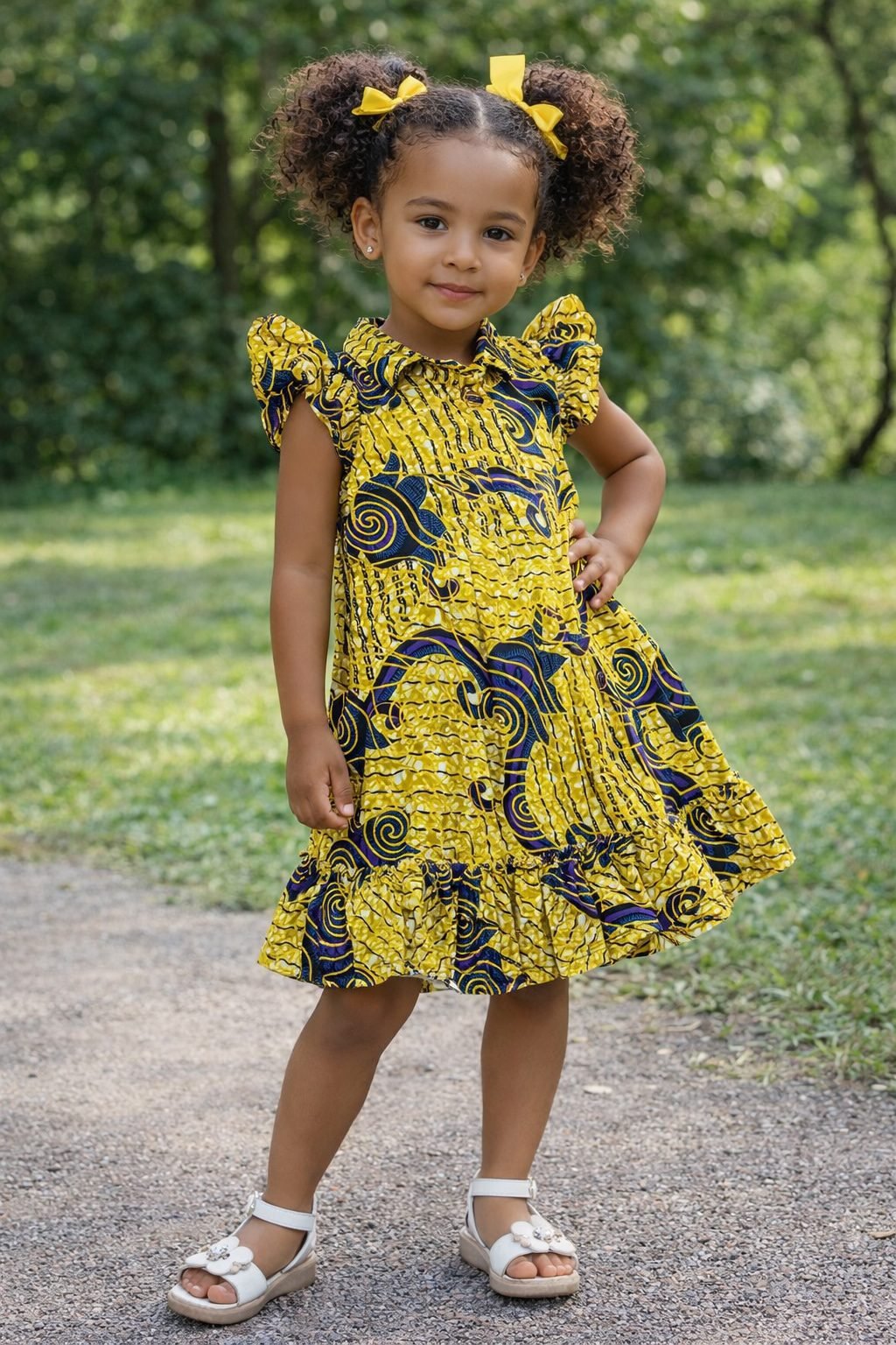 Girls Yellow & Navy African Print Ruffle Sleeve Tiered Dress