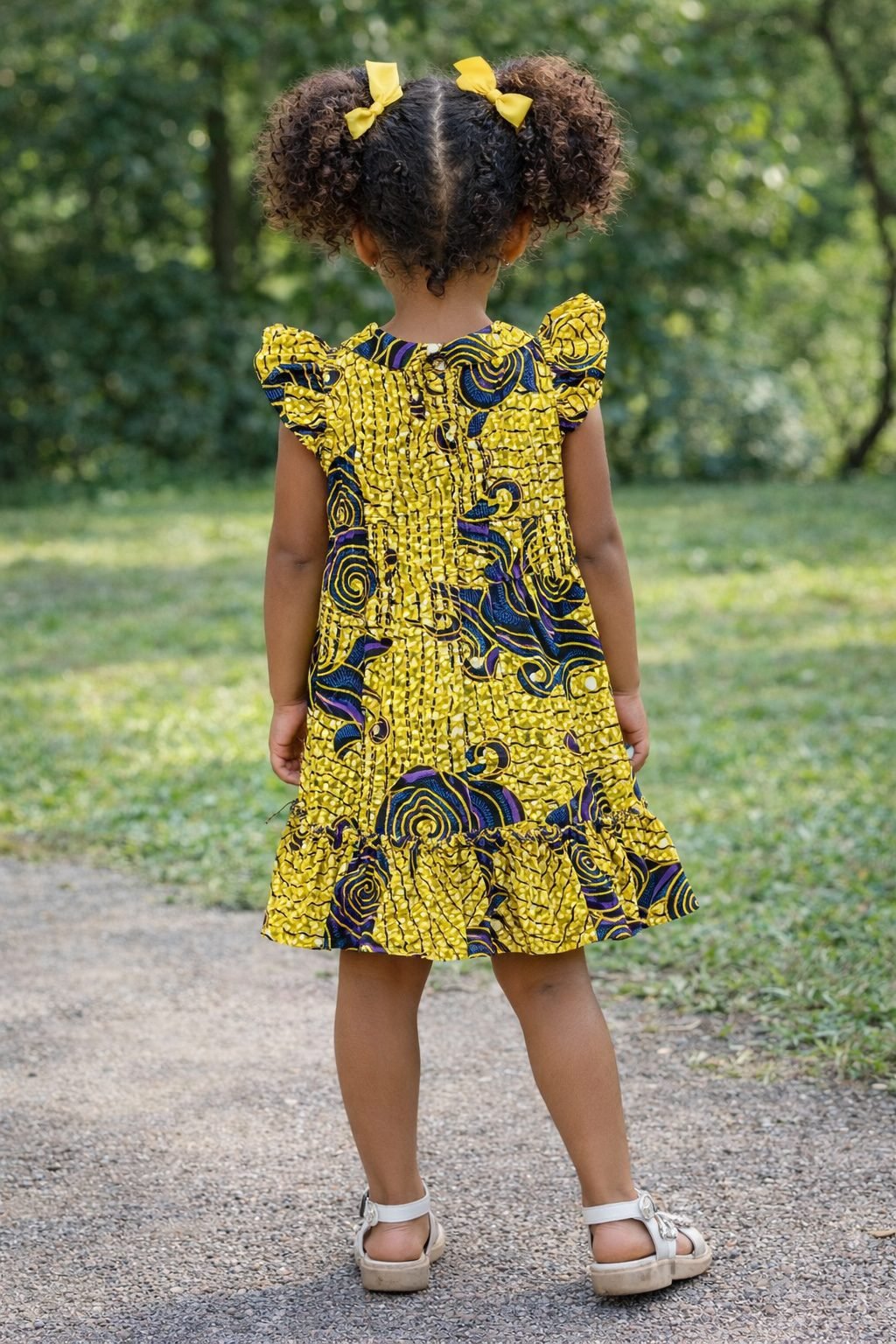 Girls Yellow & Navy African Print Ruffle Sleeve Tiered Dress - Image 3