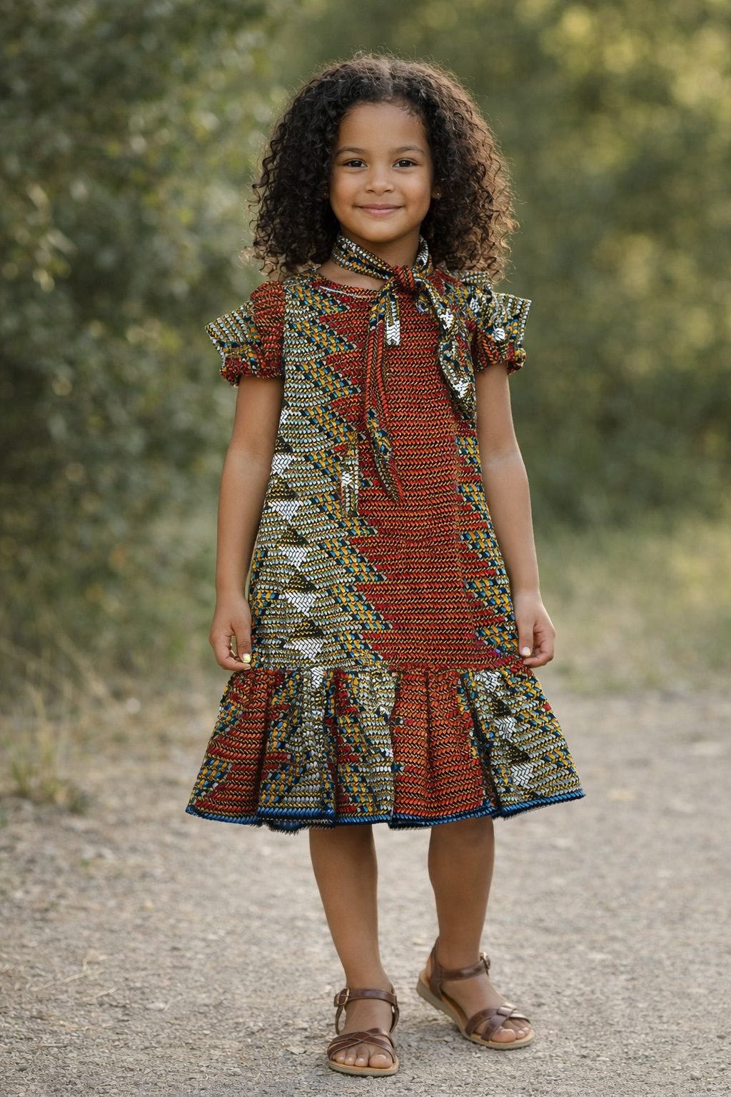 Girls Multicolour African Print Bow Neck Ruffle Hem Dress