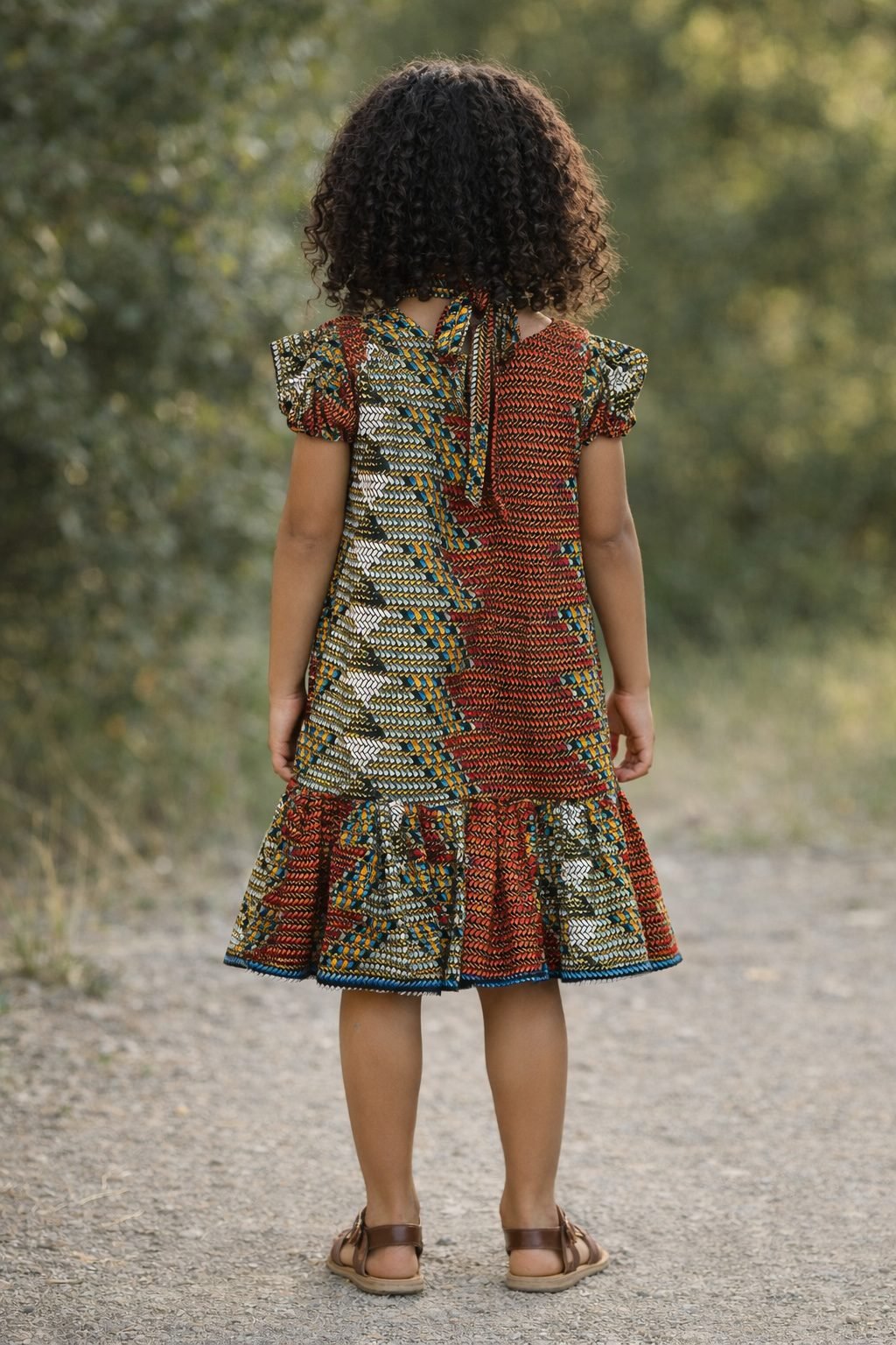 Girls Multicolour African Print Bow Neck Ruffle Hem Dress - Image 3