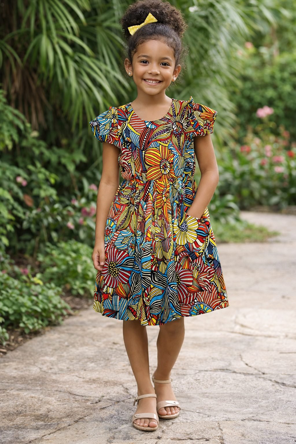 Girls Multicolour African Print Floral Dress with Flutter Sleeves & Pockets