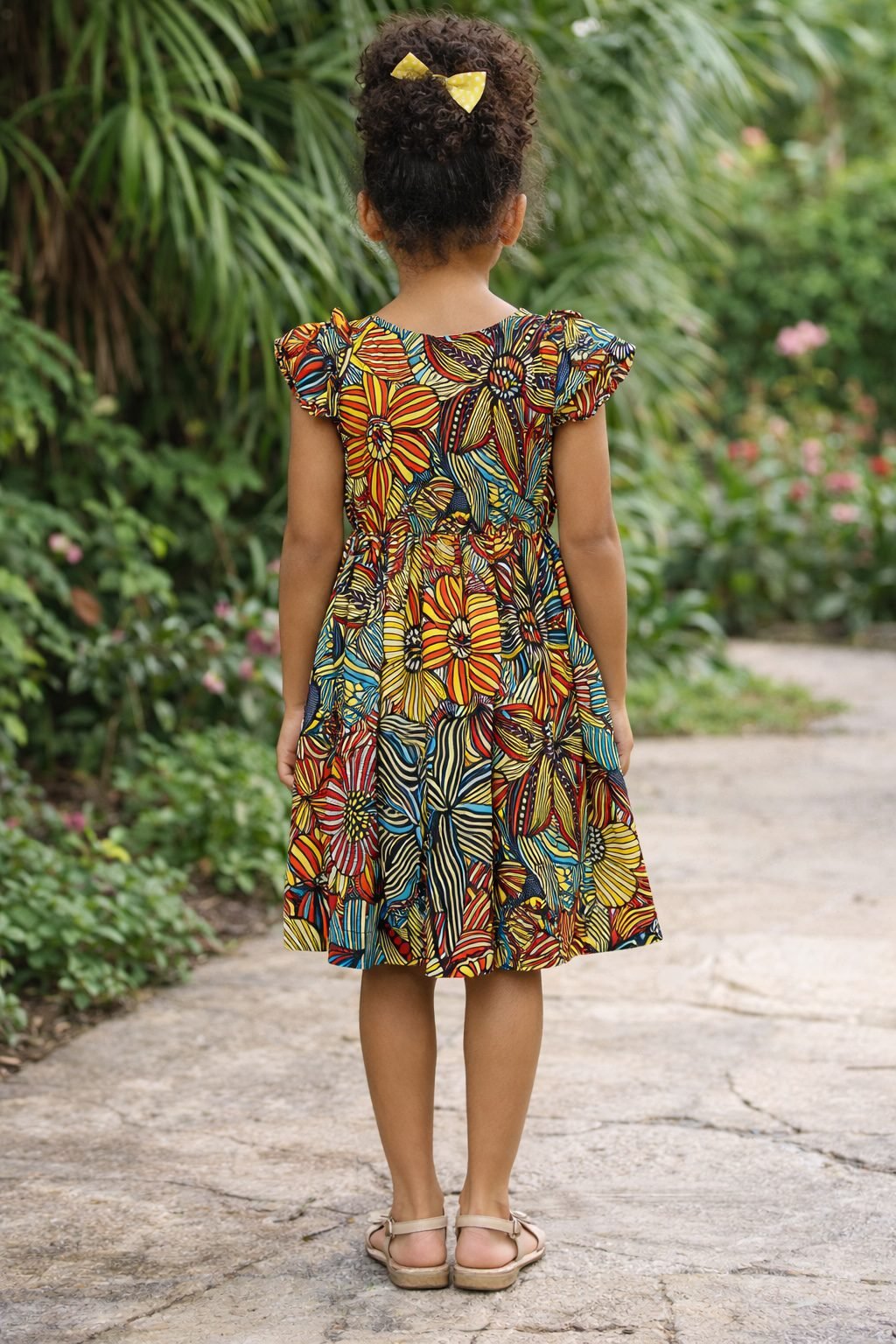 Girls Multicolour African Print Floral Dress with Flutter Sleeves & Pockets - Image 3