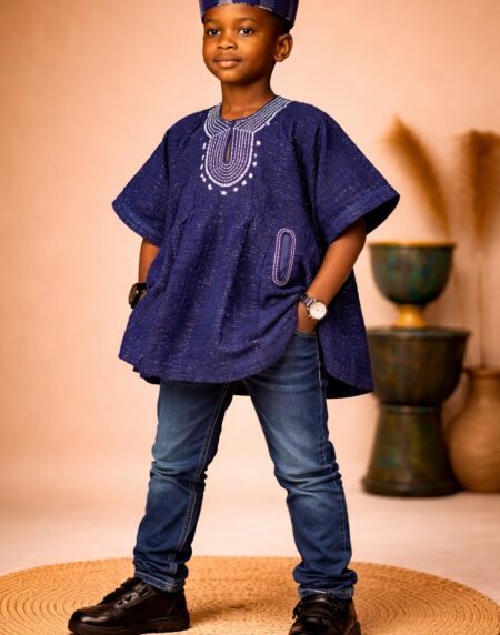 Kids African Fugu Smock Top – Navy Blue Traditional Batakari Shirt with Embroidery for Boys