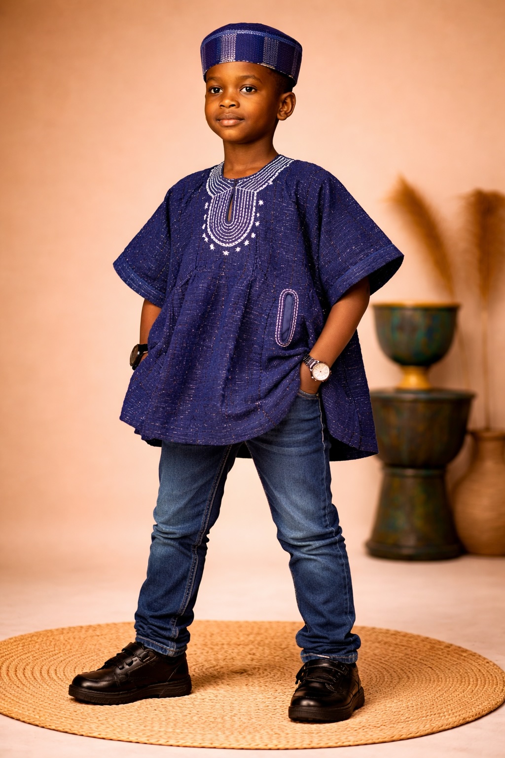 Kids African Fugu Smock Top – Navy Blue Traditional Batakari Shirt with Embroidery for Boys