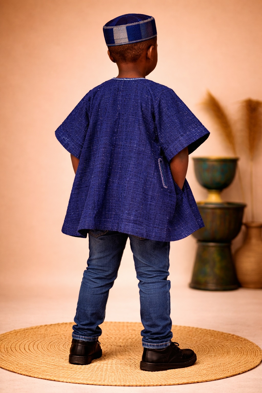 Kids African Fugu Smock Top – Navy Blue Traditional Batakari Shirt with Embroidery for Boys - Image 3