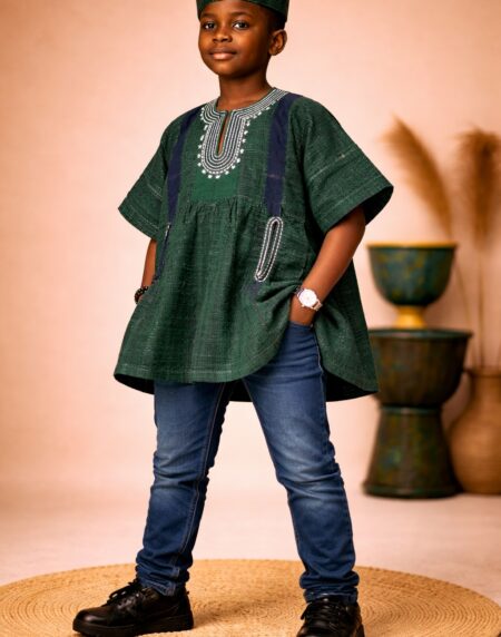 Kids African Fugu Smock Top – Deep Green Traditional Batakari Shirt with Embroidery for Boys