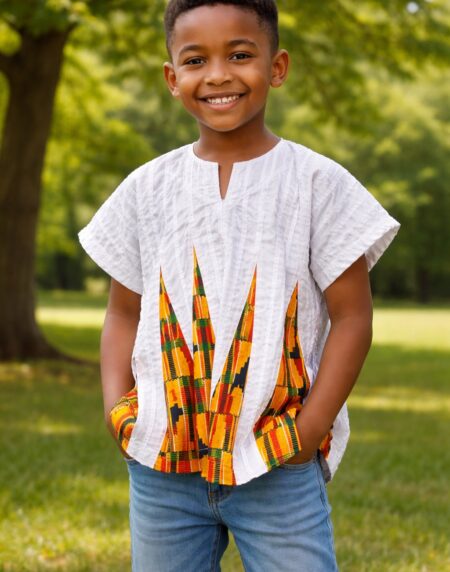 Kids African Fugu Smock Top – White with Kente Print Panel Traditional Batakari Shirt for Boys