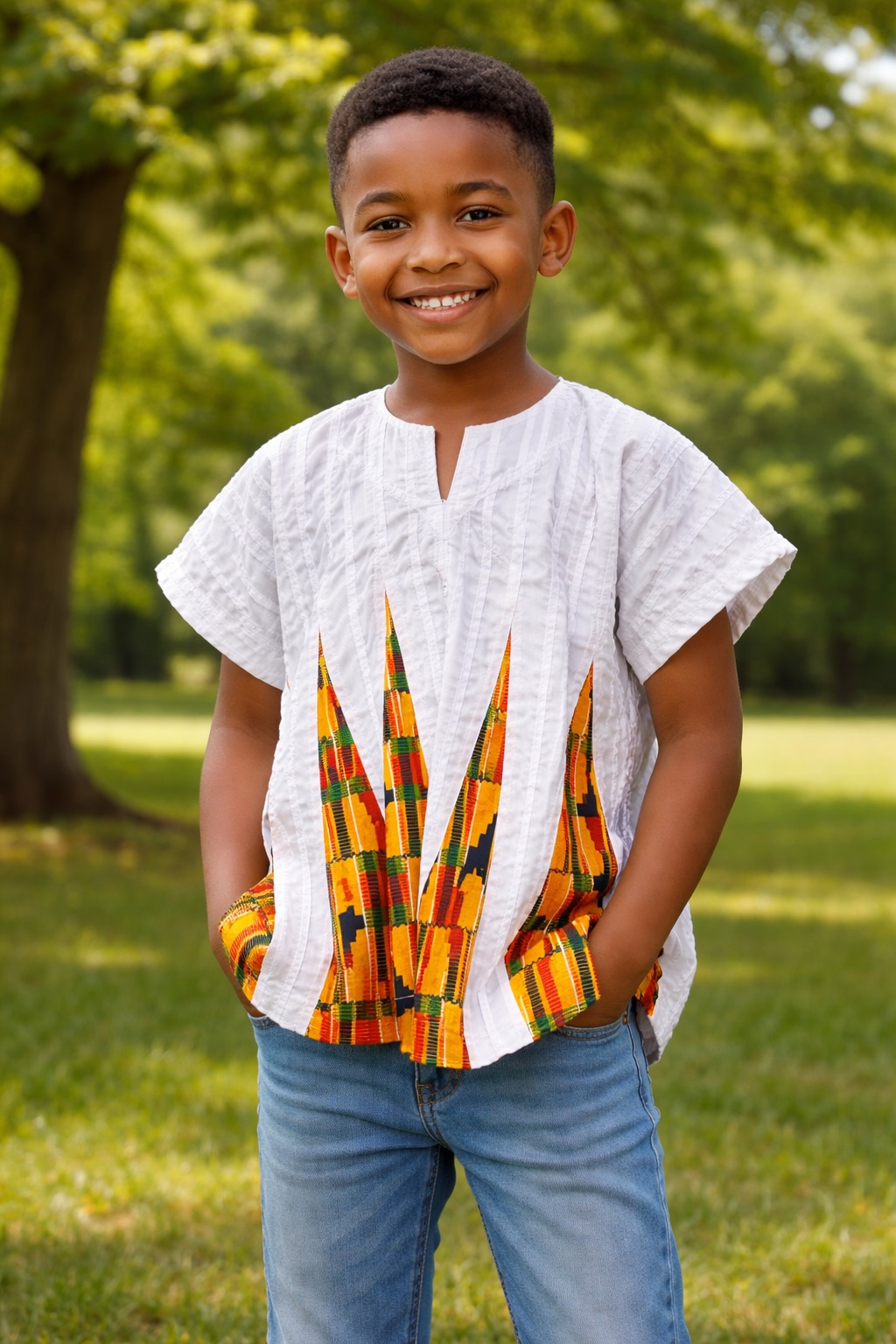 Kids African Fugu Smock Top – White with Kente Print Panel Traditional Batakari Shirt for Boys