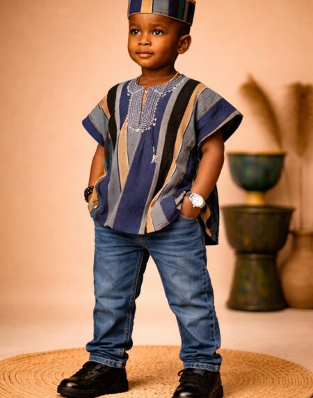 Kids African Fugu Smock Top – Blue and Grey Striped Traditional Batakari Shirt for Boys
