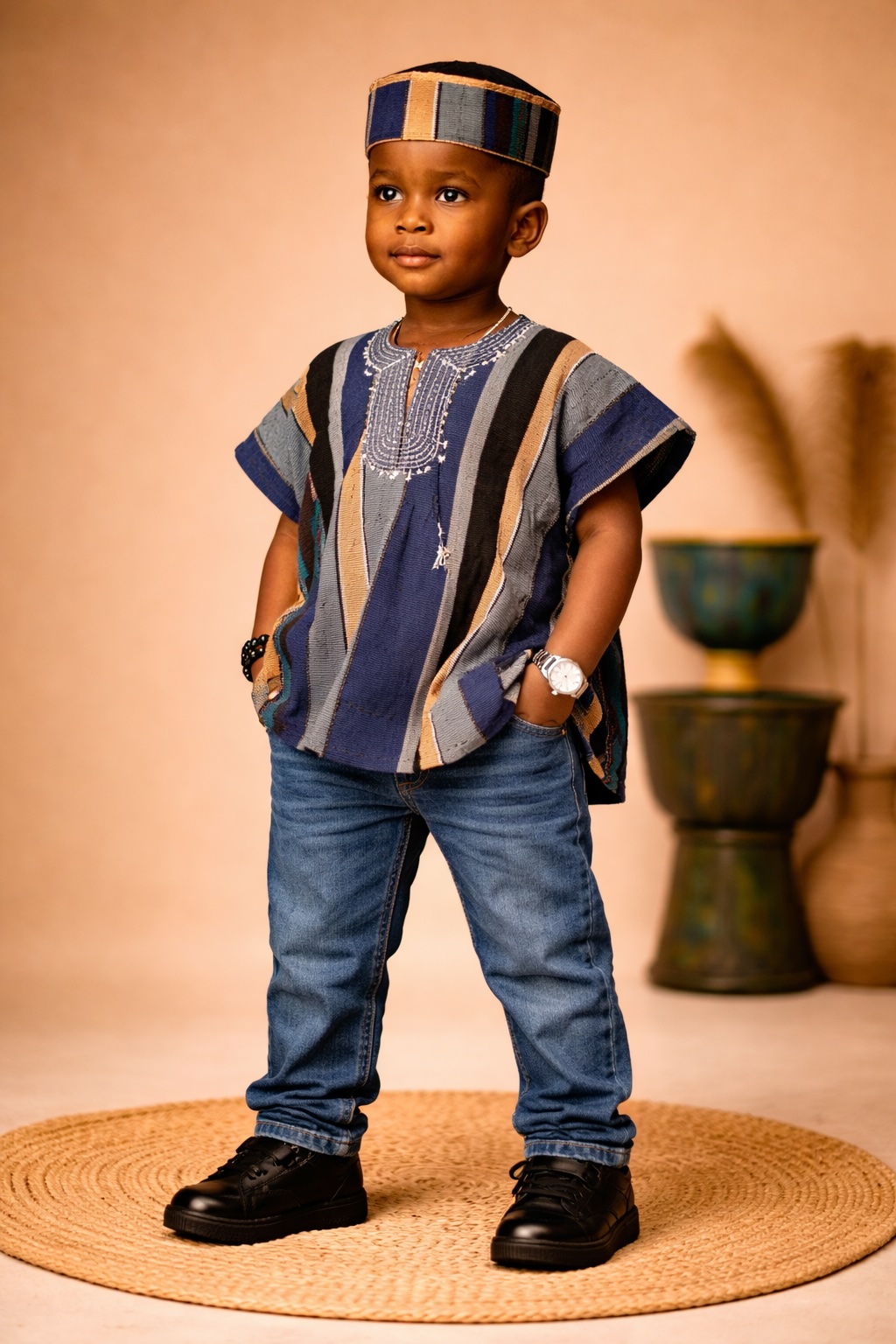 Kids African Fugu Smock Top – Blue and Grey Striped Traditional Batakari Shirt for Boys